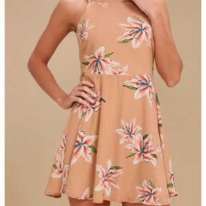 Lulus On the Vineyard Nude Floral Print Tie-Back Dress